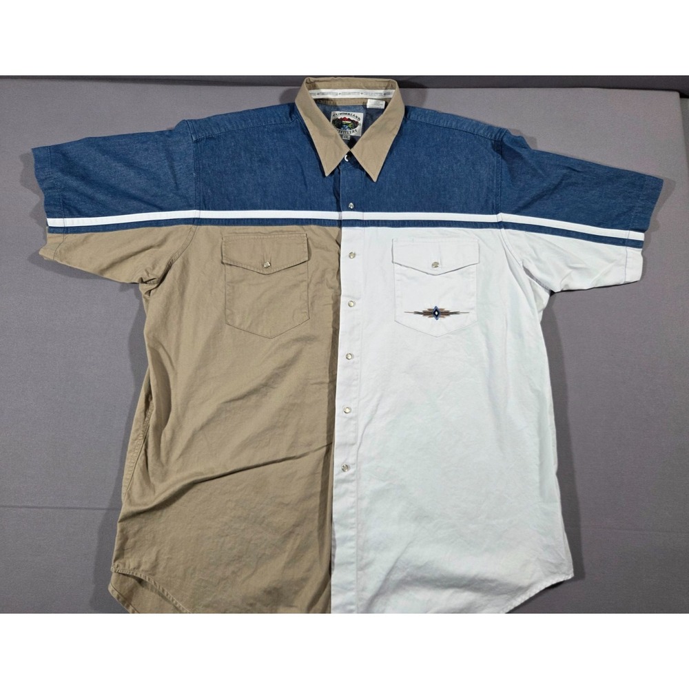 Vintage Cumberland Outfitters Mens 2 Extra Large White Blue Tan Aztec Pearl Snap